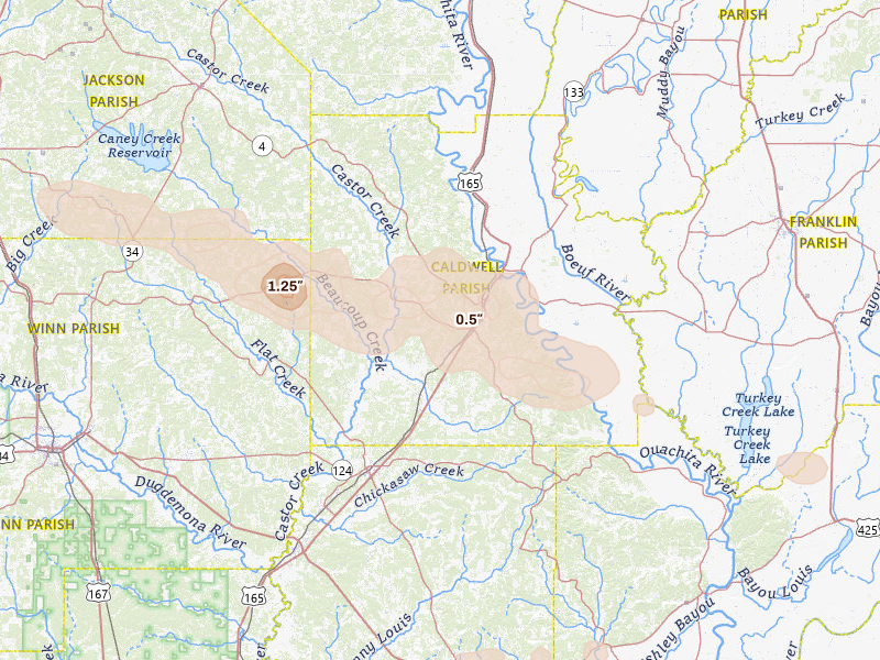 Radar-estimated hail-size map of the storm over Grayson, LA on Apr 29, 2026