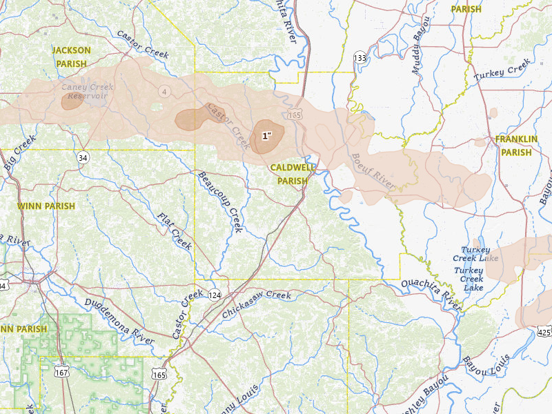 Radar-estimated hail-size map of the storm over Grayson, LA on May 8, 2026