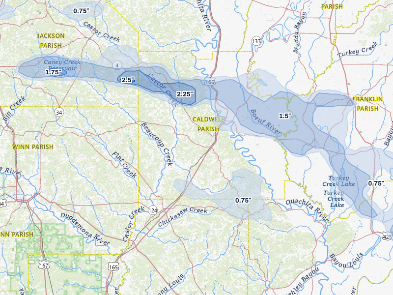 NEXRAD radar-signature map of the hail storm over Grayson, LA on May 8, 2026