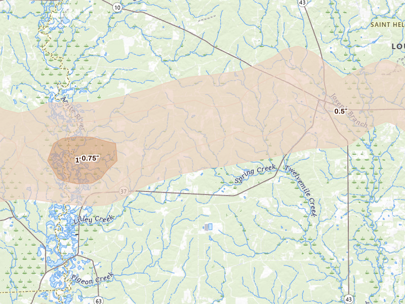 Radar-estimated hail-size map of the storm over Greensburg, LA on May 8, 2026