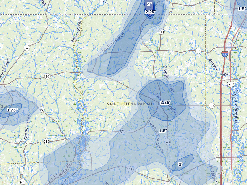 NEXRAD radar-signature map of the hail storm over Greensburg, LA on Aug 21, 2026