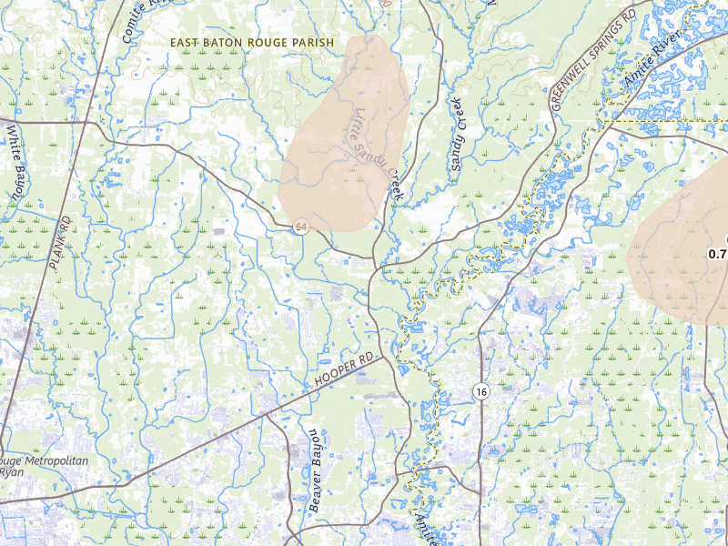 Radar-estimated hail-size map of the storm over Greenwell Springs, LA on Aug 5, 2026