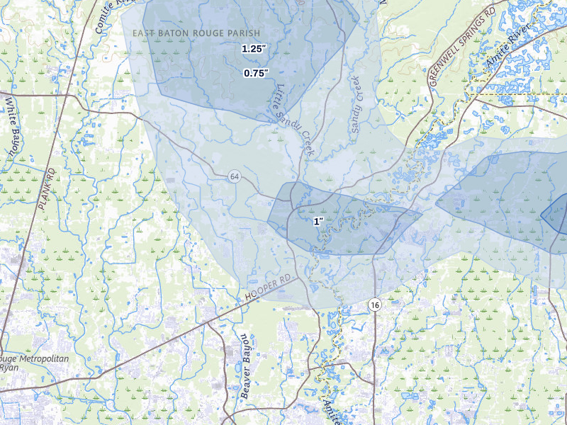 NEXRAD radar-signature map of the hail storm over Greenwell Springs, LA on Aug 5, 2026