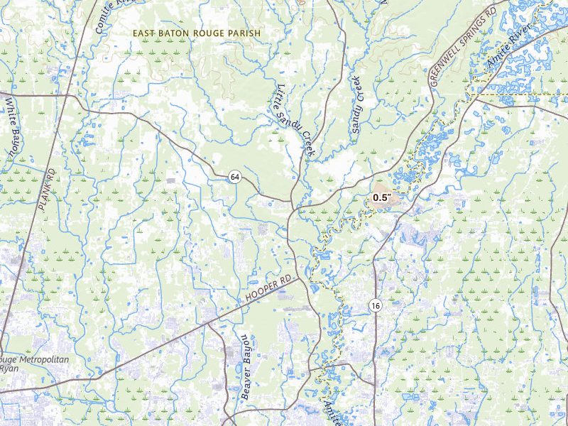 Radar-estimated hail-size map of the storm over Greenwell Springs, LA on Aug 17, 2026
