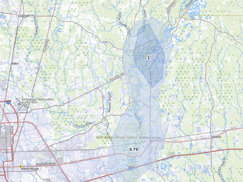 NEXRAD radar-signature map of the hail storm over Greenwell Springs, LA on Aug 17, 2026