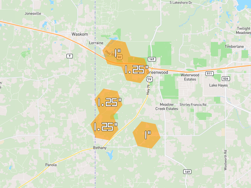 Hail map of Greenwood, LA on Jul 6, 2026, hail up to 1.25"