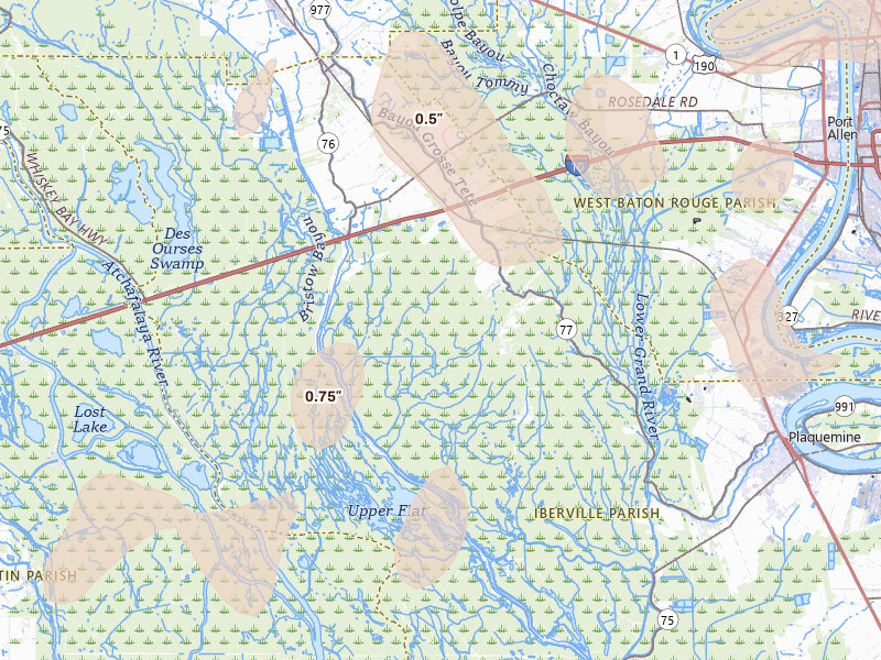 Radar-estimated hail-size map of the storm over Grosse Tete, LA on Jul 5, 2026