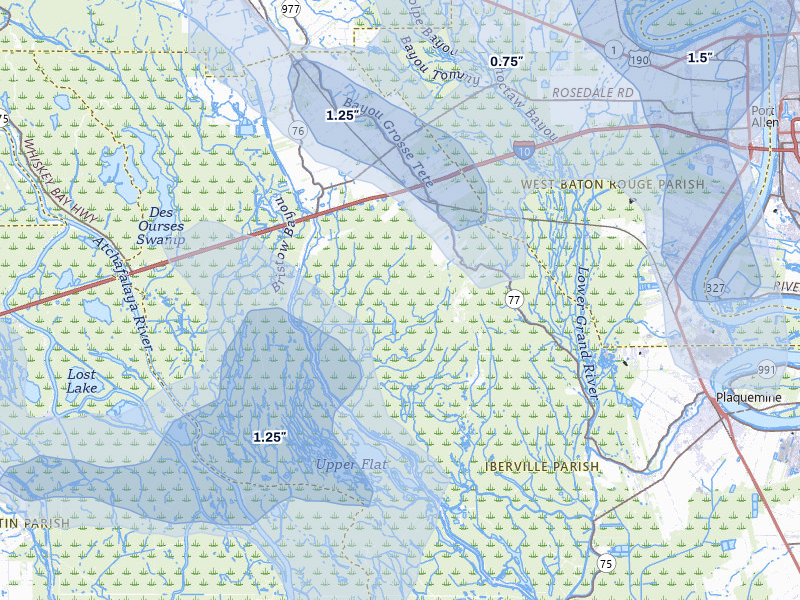NEXRAD radar-signature map of the hail storm over Grosse Tete, LA on Jul 5, 2026