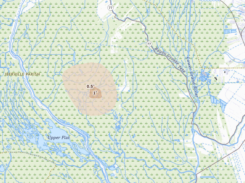 Radar-estimated hail-size map of the storm over Grosse Tete, LA on Aug 7, 2026