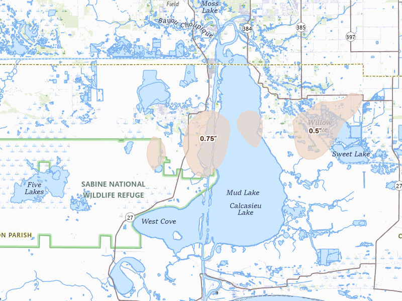 Radar-estimated hail-size map of the storm over Hackberry, LA on May 1, 2026