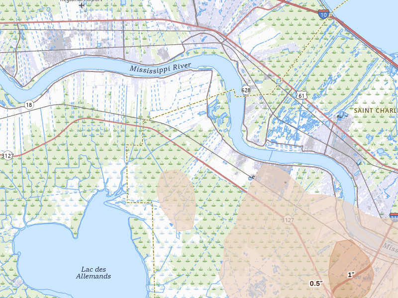 Radar-estimated hail-size map of the storm over Hahnville, LA on May 8, 2026