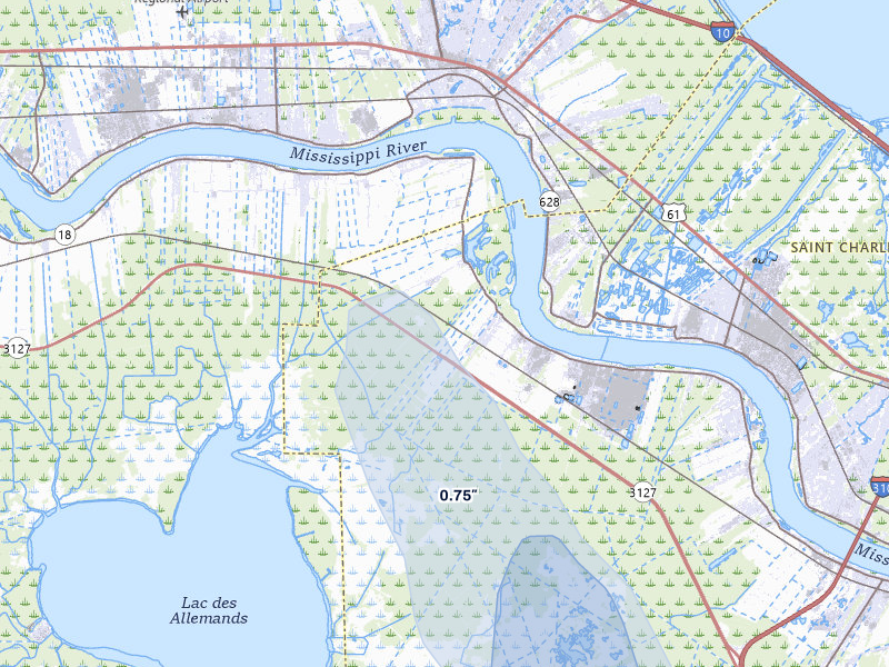 NEXRAD radar-signature map of the hail storm over Hahnville, LA on Jul 1, 2026