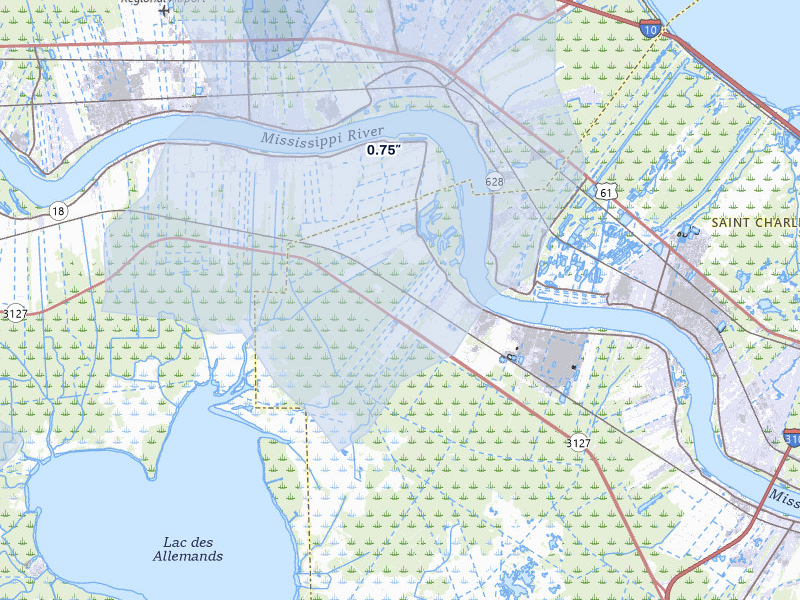 NEXRAD radar-signature map of the hail storm over Hahnville, LA on Jul 5, 2026