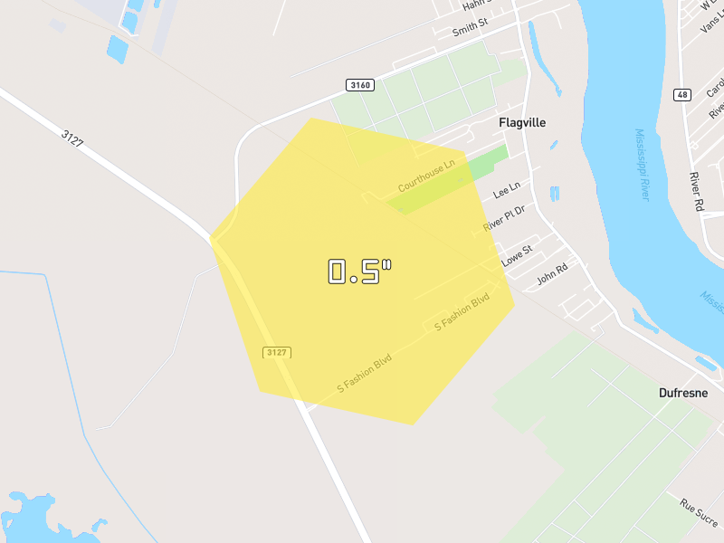 Hail map of Hahnville, LA on Jul 8, 2026, hail up to 0.5"