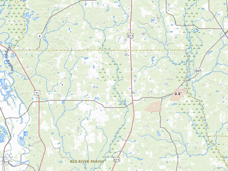 Radar-estimated hail-size map of the storm over Hall Summit, LA on Jun 19, 2026