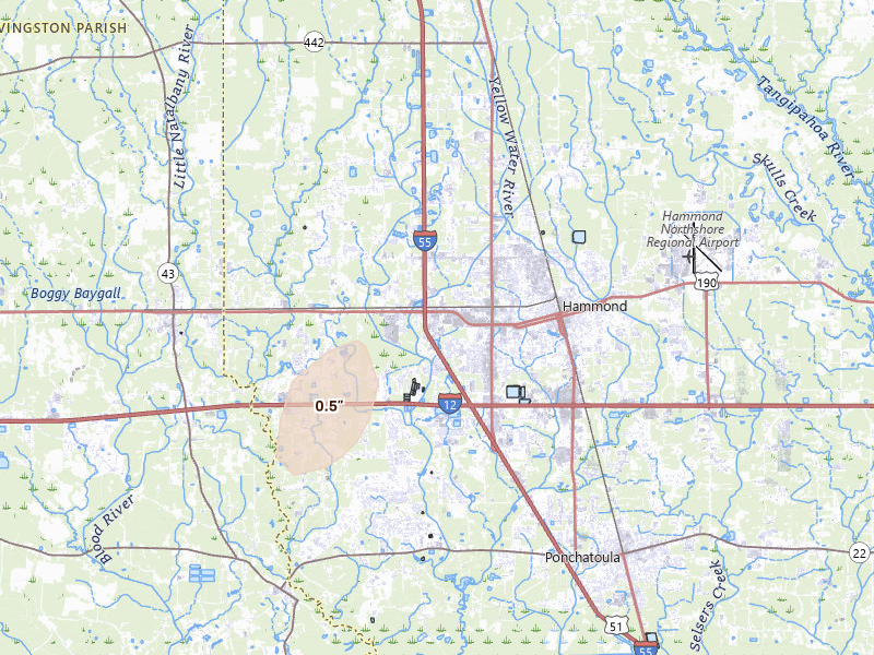 Radar-estimated hail-size map of the storm over Hammond, LA on May 22, 2026