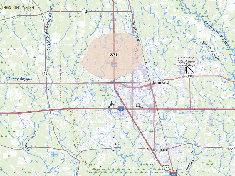 Radar-estimated hail-size map of the storm over Hammond, LA on Jun 2, 2026