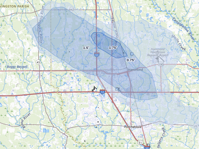 NEXRAD radar-signature map of the hail over Hammond, LA