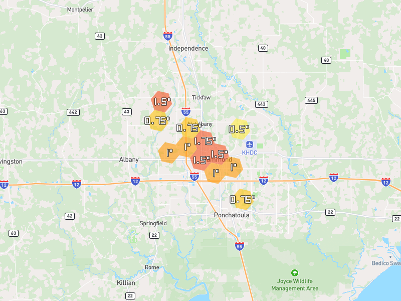Hail map of Hammond, LA on Jun 2, 2026, hail up to 1.75"