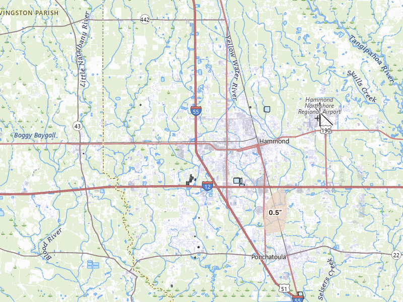 Radar-estimated hail-size map of the storm over Hammond, LA on Aug 5, 2026