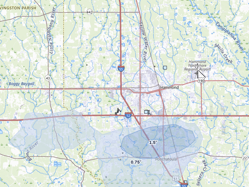 NEXRAD radar-signature map of the hail storm over Hammond, LA on Aug 5, 2026