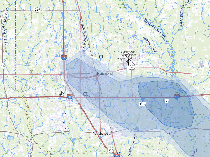 NEXRAD radar-signature map of the hail storm over Hammond, LA on Aug 21, 2026