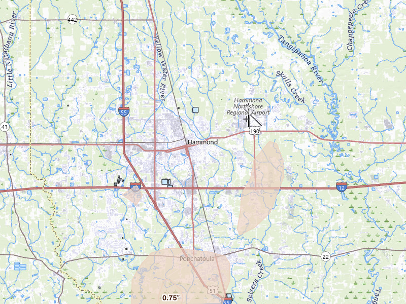 Radar-estimated hail-size map of the storm over Hammond, LA on Aug 23, 2026