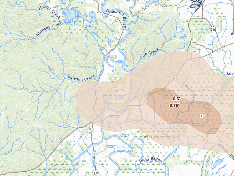 Radar-estimated hail-size map of the storm over Harrisonburg, LA on Jun 1, 2026