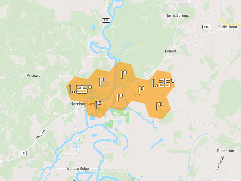 Hail map of Harrisonburg, LA on Jun 2, 2026, hail up to 1.25"