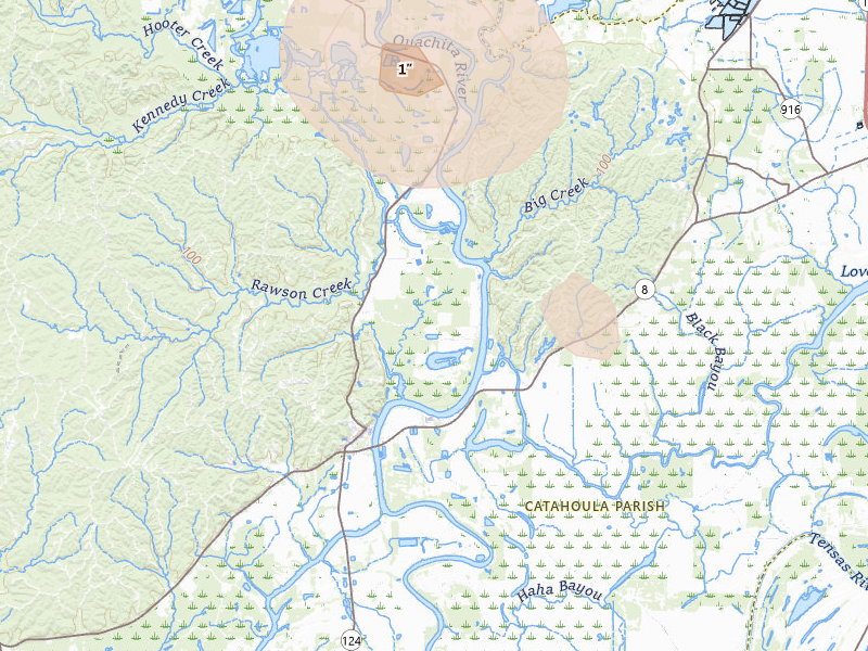 Radar-estimated hail-size map of the storm over Harrisonburg, LA on Aug 21, 2026
