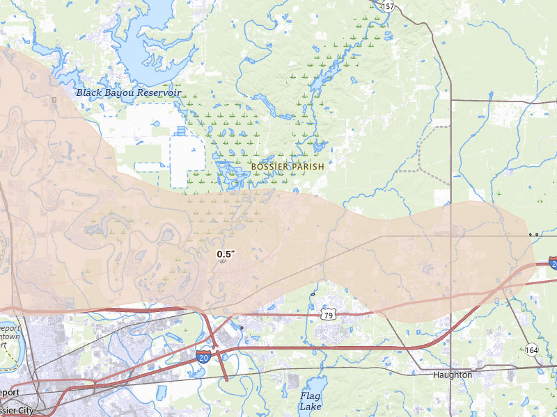 Radar-estimated hail-size map of the storm over Haughton, LA on Mar 15, 2026