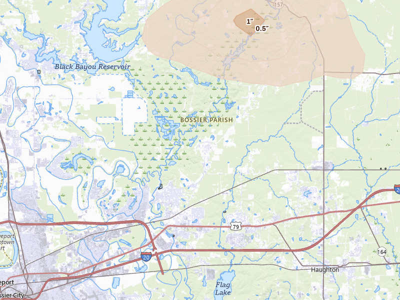 Radar-estimated hail-size map of the storm over Haughton, LA on Apr 24, 2026