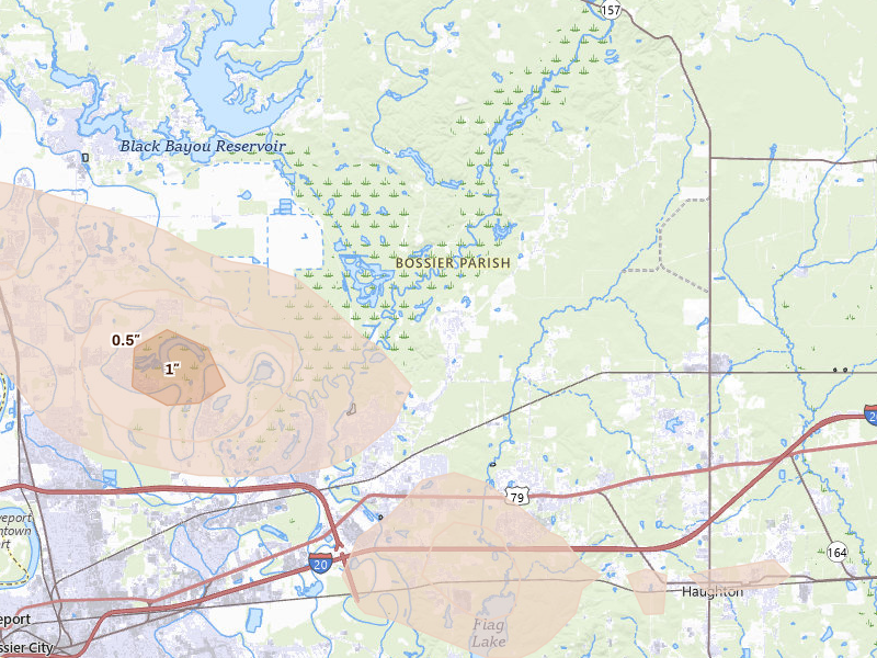 Radar-estimated hail-size map of the storm over Haughton, LA on Apr 29, 2026