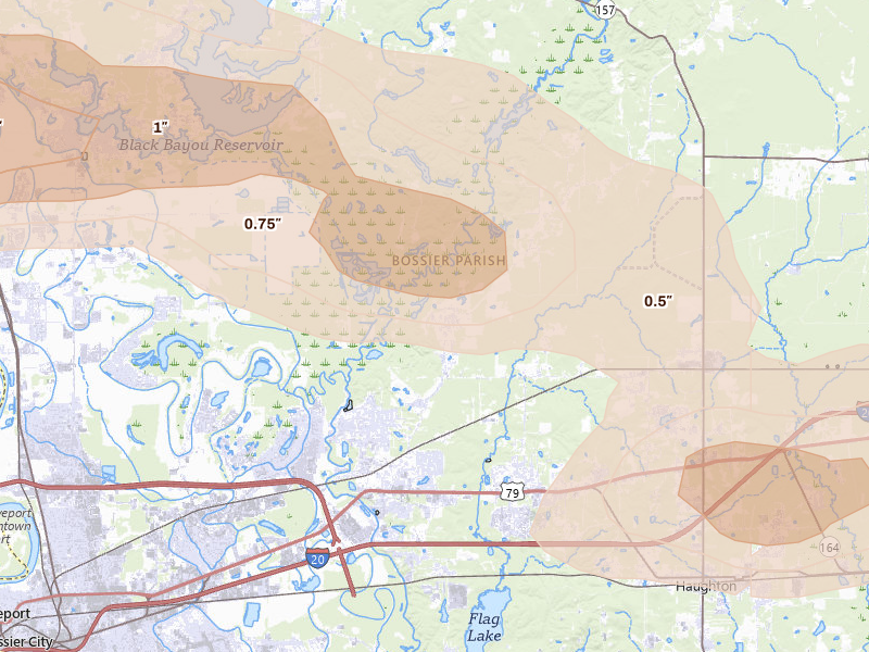 Radar-estimated hail-size map of the storm over Haughton, LA on May 8, 2026