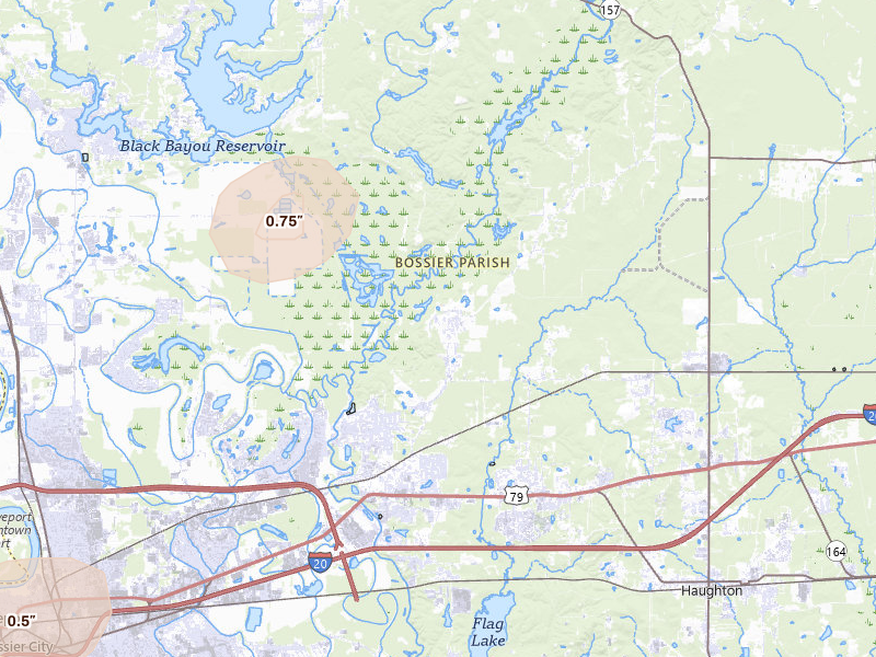 Radar-estimated hail-size map of the storm over Haughton, LA on Jun 2, 2026