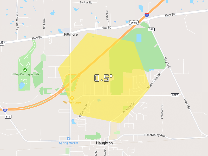 Hail map of Haughton, LA on Jul 13, 2026, hail up to 0.5"