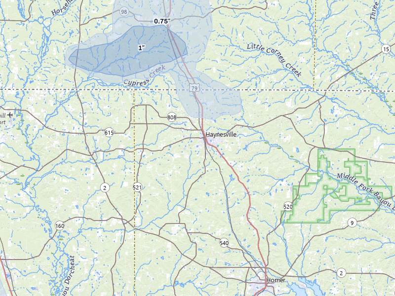 NEXRAD radar-signature map of the hail over Haynesville, LA