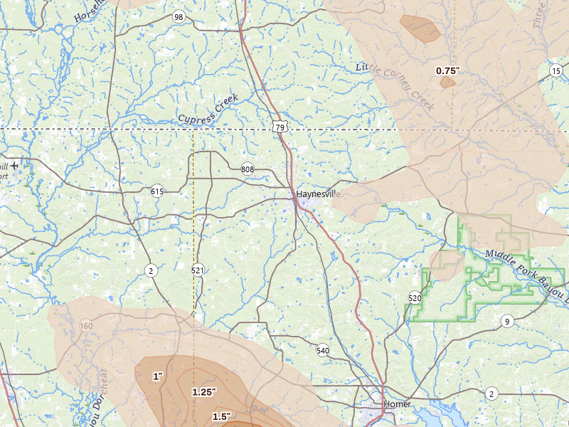 Radar-estimated hail-size map of the storm over Haynesville, LA on Apr 25, 2026