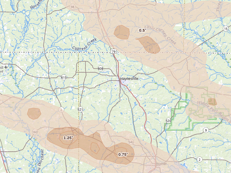 Radar-estimated hail-size map of the storm over Haynesville, LA on Apr 29, 2026