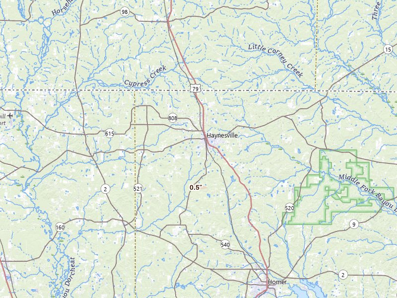 Radar-estimated hail-size map of the storm over Haynesville, LA on May 22, 2026