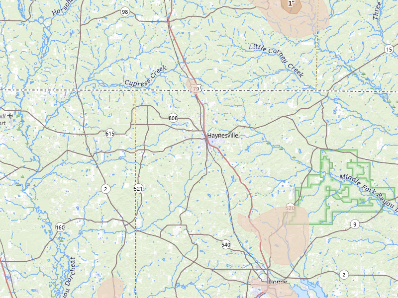 Radar-estimated hail-size map of the storm over Haynesville, LA on Jun 2, 2026