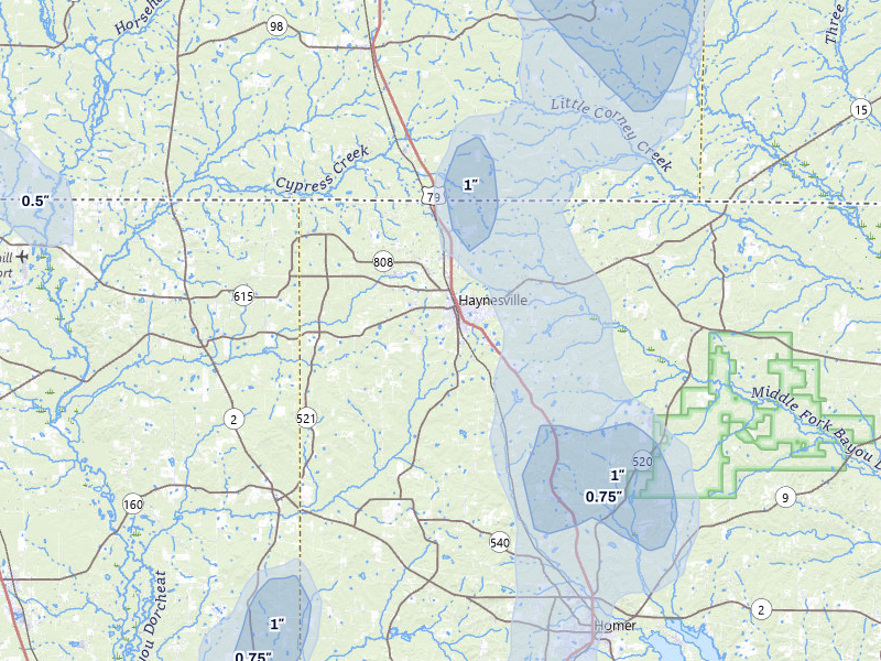 NEXRAD radar-signature map of the hail over Haynesville, LA
