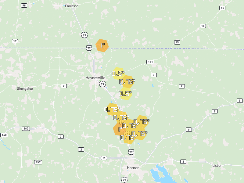 Hail map of Haynesville, LA on Jun 2, 2026, hail up to 1"