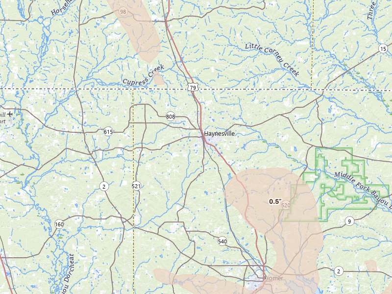 Radar-estimated hail-size map of the storm over Haynesville, LA on Jun 22, 2026