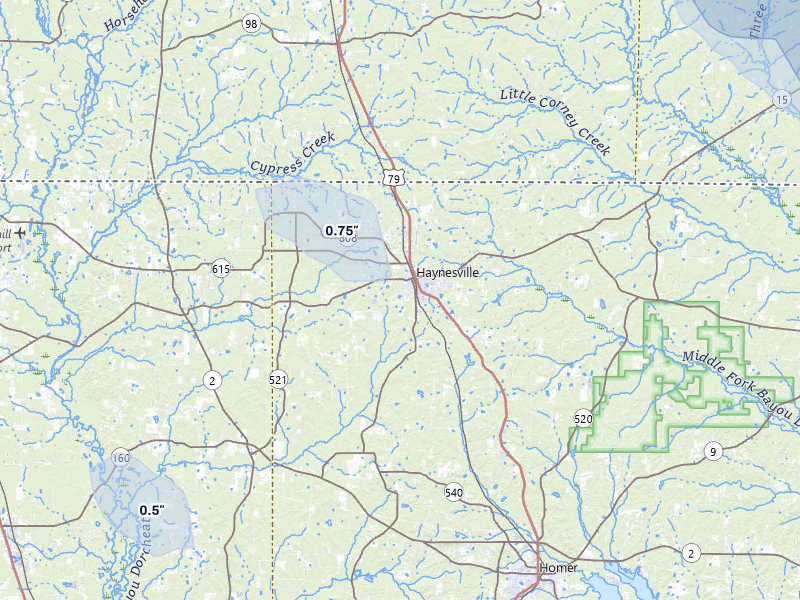 NEXRAD radar-signature map of the hail over Haynesville, LA