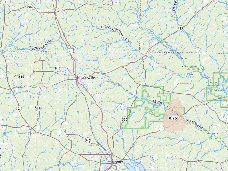 Radar-estimated hail-size map of the storm over Haynesville, LA on Aug 28, 2026