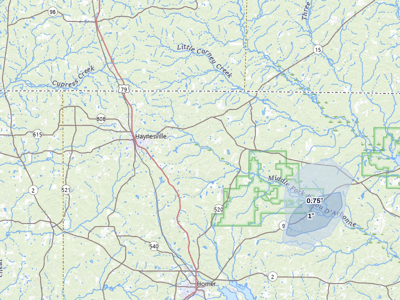NEXRAD radar-signature map of the hail storm over Haynesville, LA on Aug 28, 2026