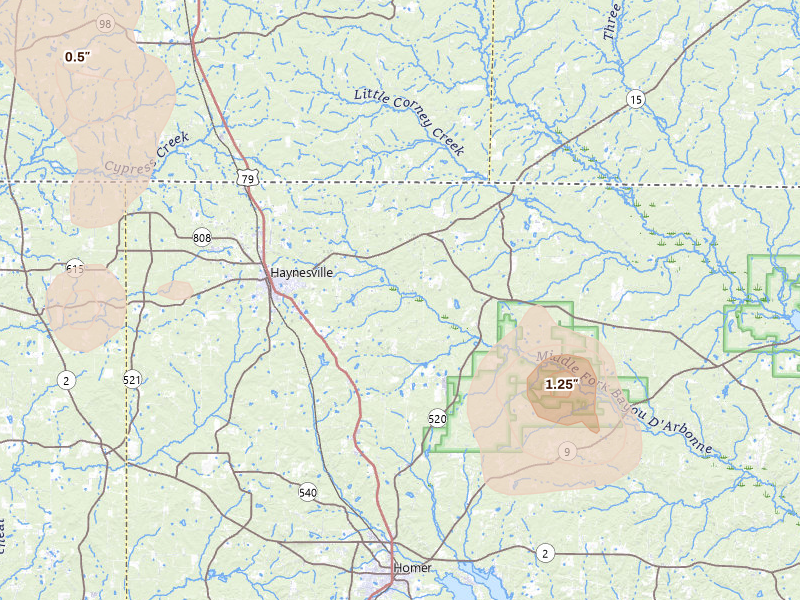 Radar-estimated hail-size map of the storm over Haynesville, LA