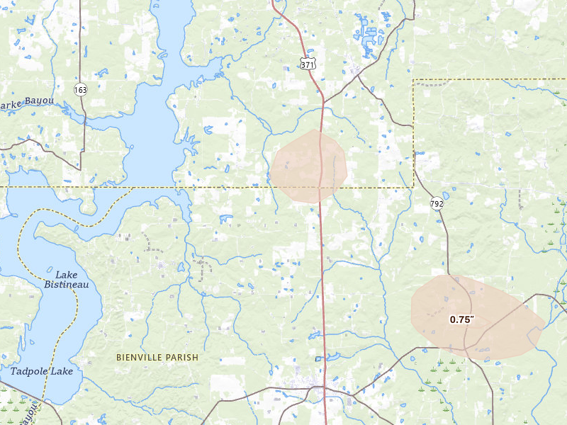 Radar-estimated hail-size map of the storm over Heflin, LA on Aug 6, 2026
