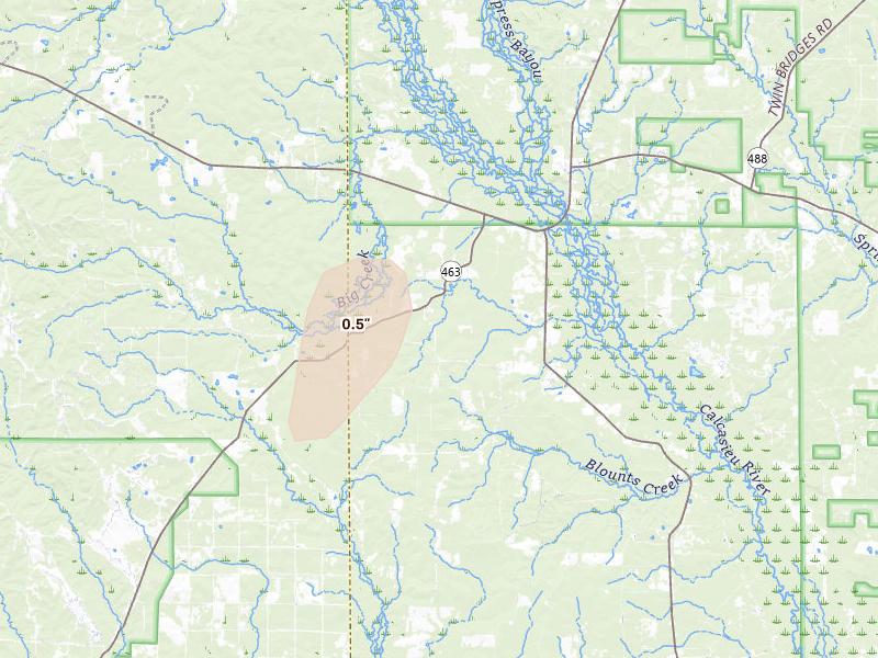 Radar-estimated hail-size map of the storm over Hineston, LA on May 23, 2026